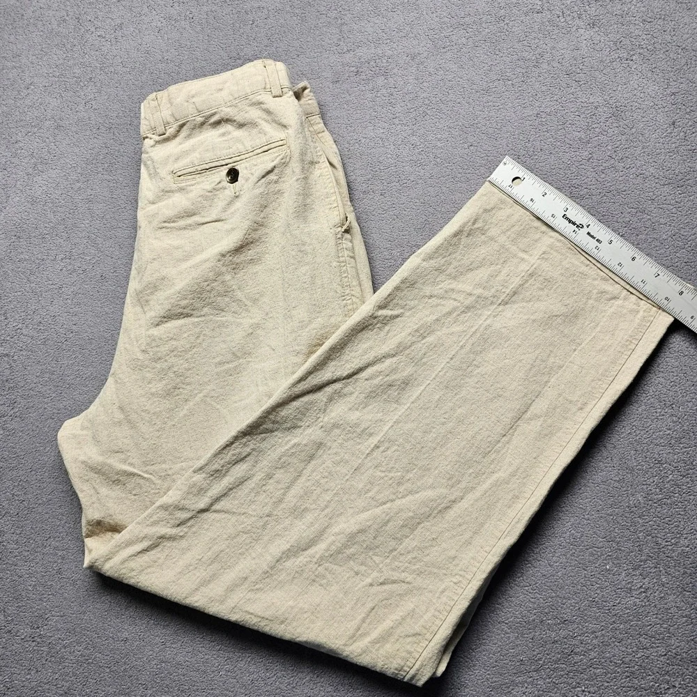 Perry Ellis Mens Beige Linen Cotton Pleated Straight Leg Trousers Size 34